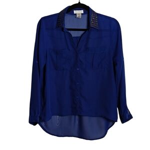 TOSKA Sheer Blue Long Sleeve Studded Collar Button Up Size Small
